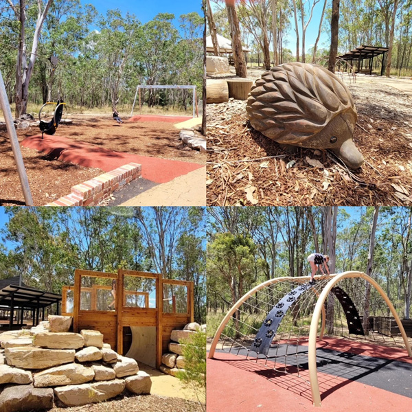 Rouse Hill Regional Park nature playground collage showing swings, wooden echidna sculpture, climbing net and cubby house surrounded by native bushland